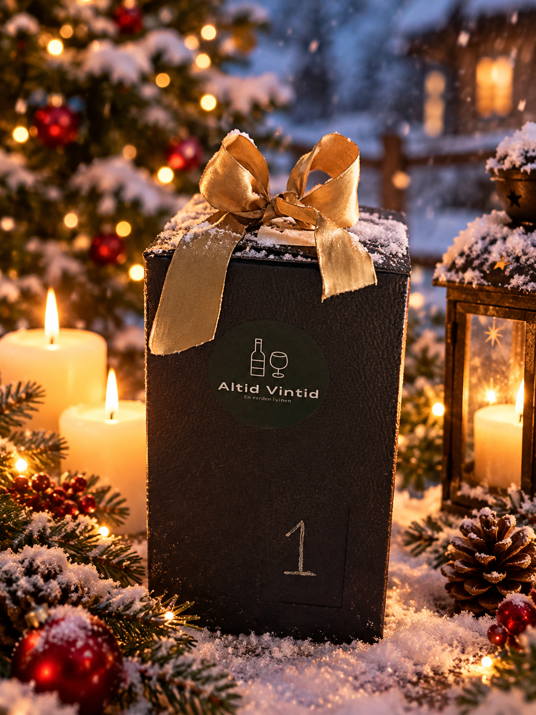 Boblende Advent 2026 – sort gaveæske med guldsløjfe fra Altid Vintid